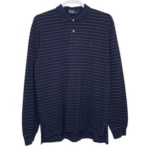 Vtg Ralph Lauren Polo Shirt Mens L Navy Blue Striped Preppy Long Sleeve Y2K Pony